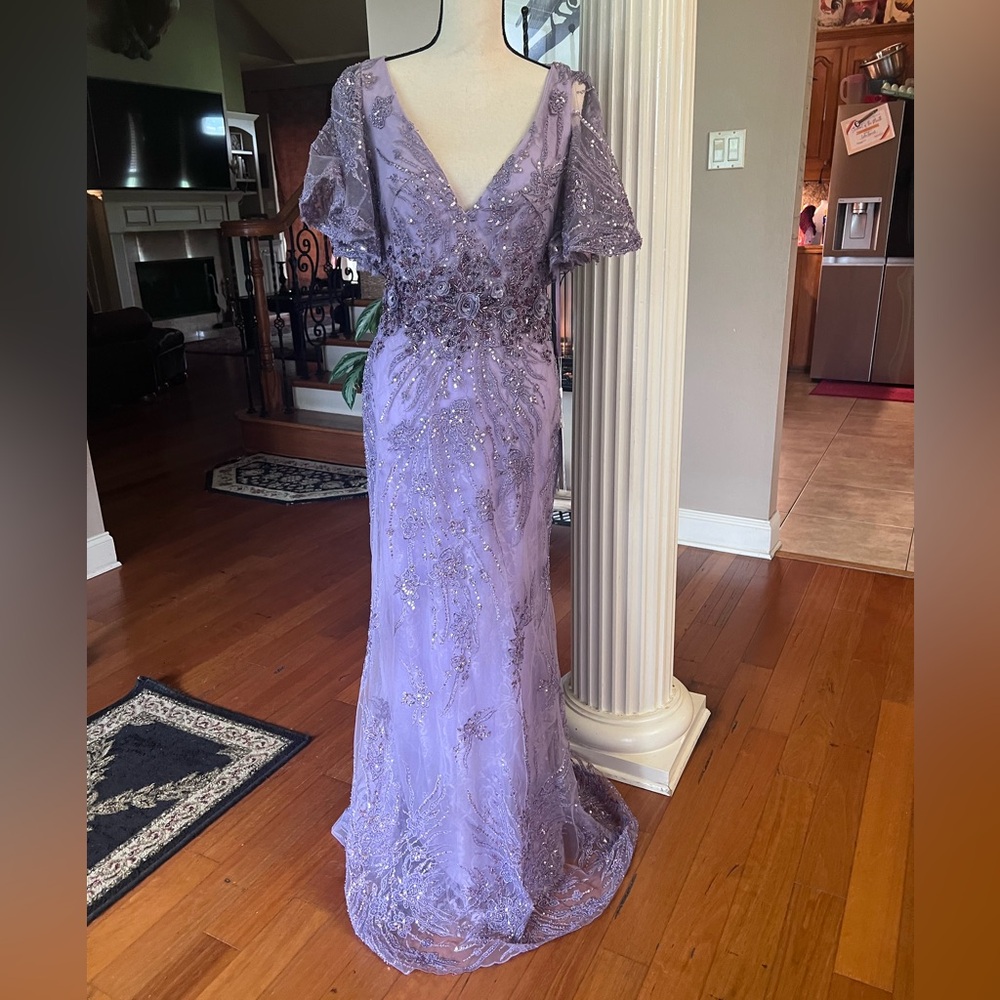 Mac Duggal Purple Flutter Sleeve V-Neck Gown - Picture 14 of 14
